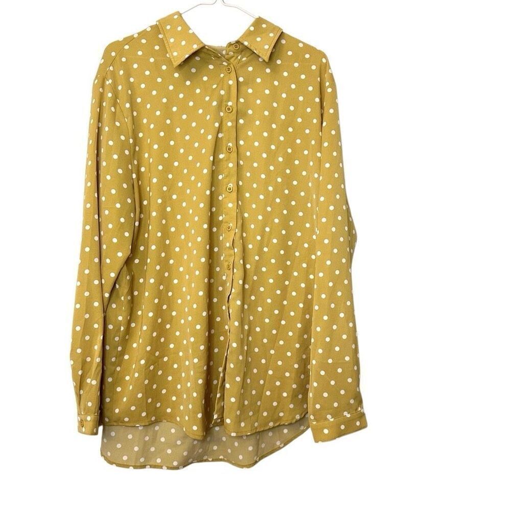 Pretty Little Thing Polka Dot Long Sleeve Button Up Shirt Yellow White Size 12